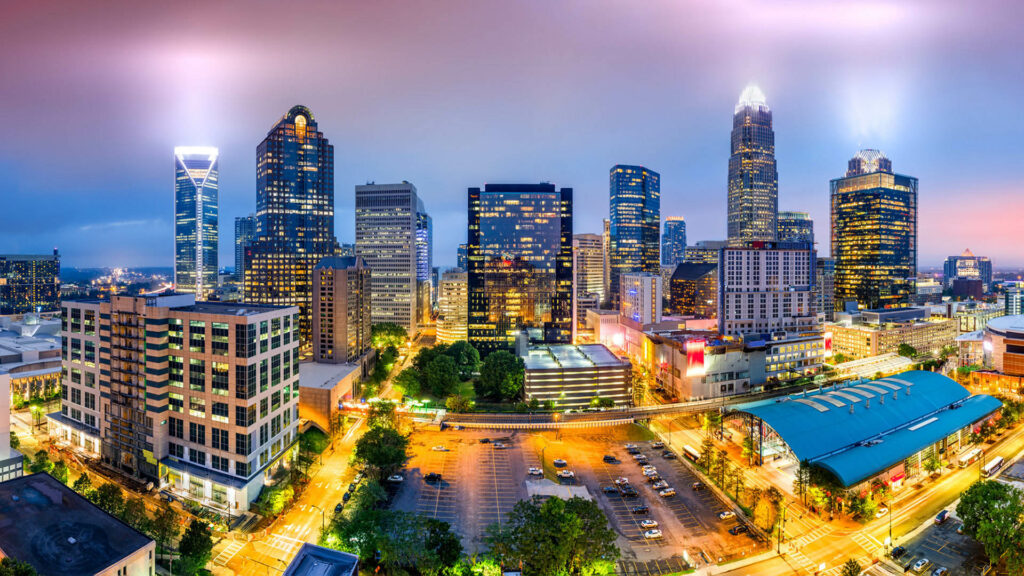 Aerial view of Charlotte, NC evening skyline