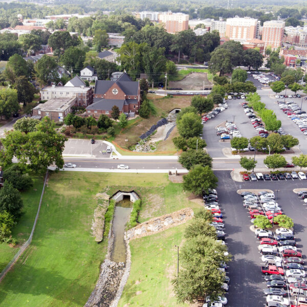 Town Creek aerial view of roadway, culvert, and parking lot